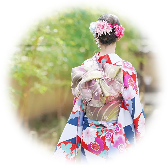 Back view of a young woman wearing a furisode kimono